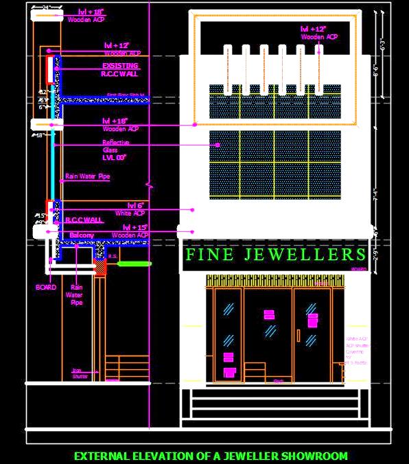 Jewelry Shop Facade Design - Elevation in AutoCAD DWG